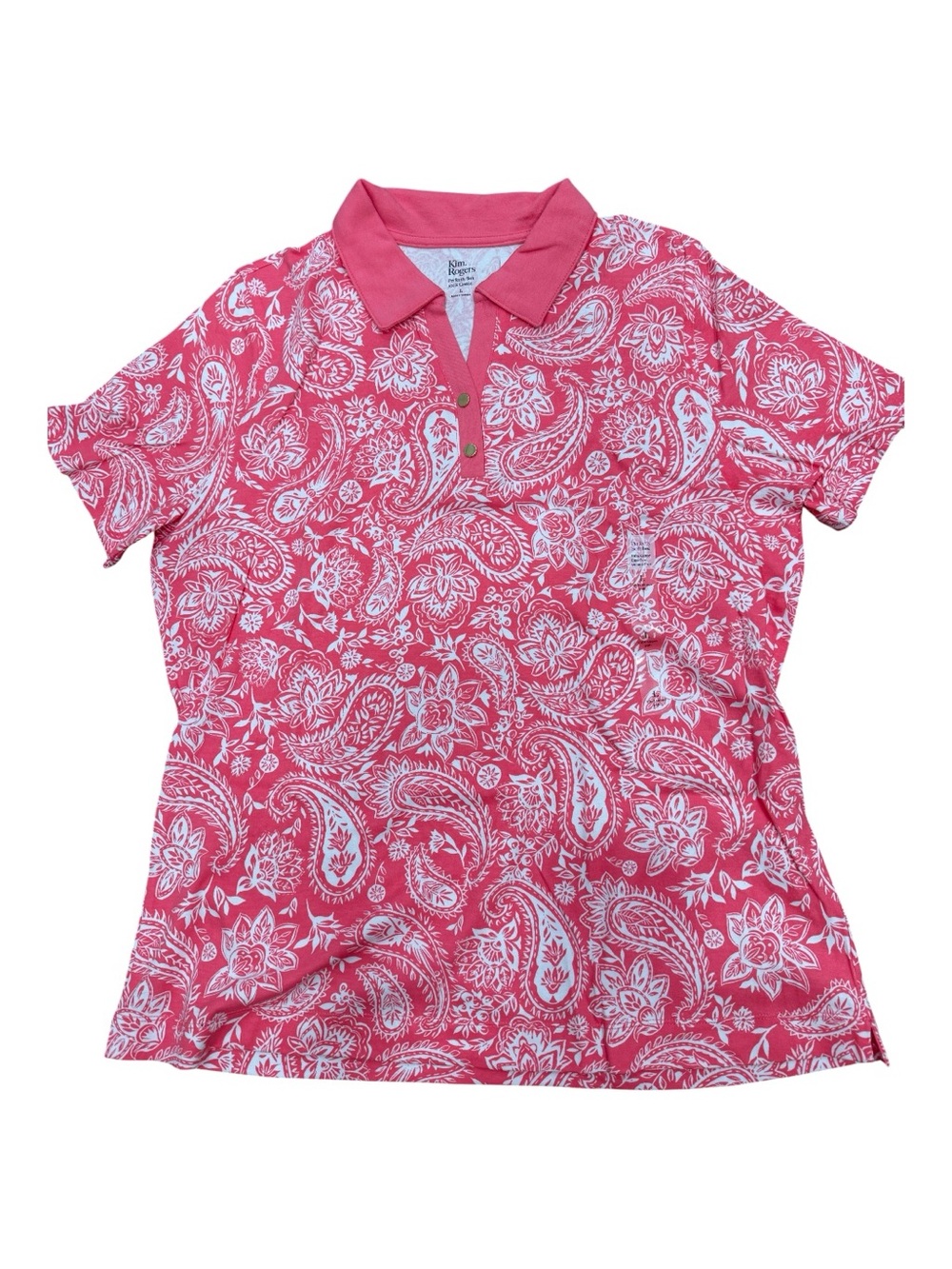 KIM ROGERS pink paisley cotton polo, L, NWT